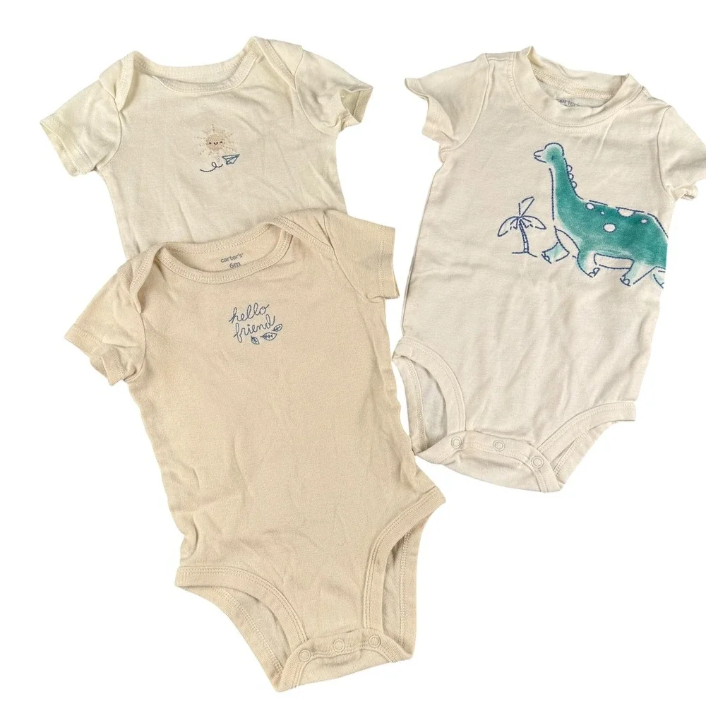 Carters Baby Bodysuit Lot 3 Dinosaur Sunshine Hello Friend 6M 9M Beige‎ 478 Tan